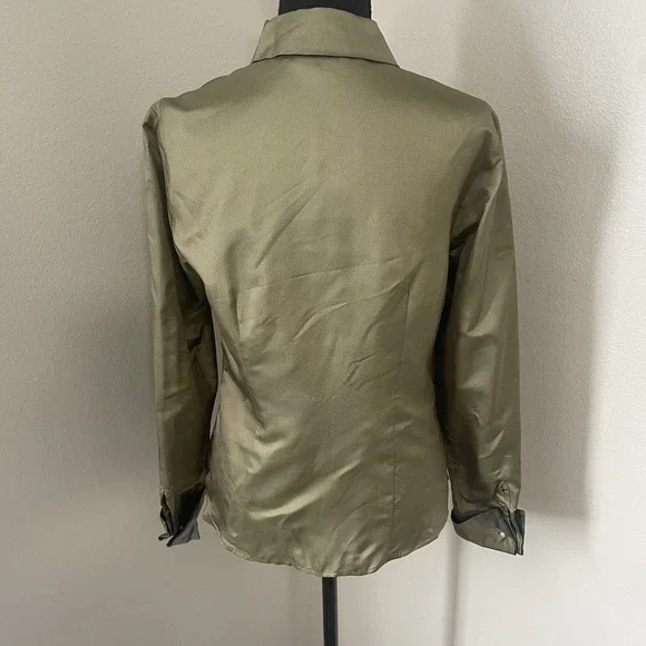 VTG ANN TAYLOR Sz 6 Green  Iridescent 100% Silk Button‎ Up Shirt Blouse Preppy - Picture 7 of 10